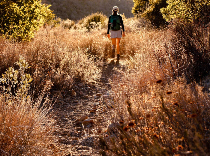 Person walking barefoot on a dirt trail in nature