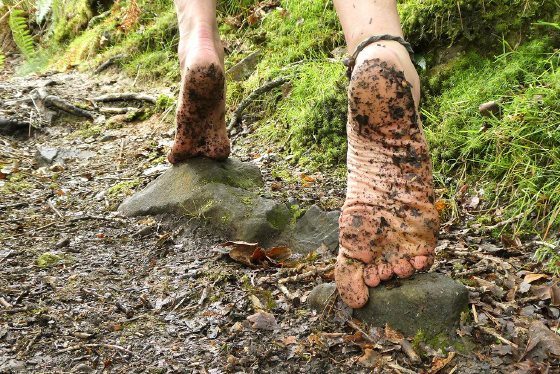 Barefoot feet on a natural dirt trail
