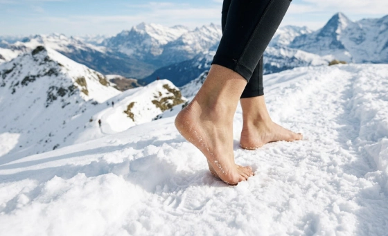 Nahaufnahme von nackten Füßen auf kaltem, verschneitem Boden