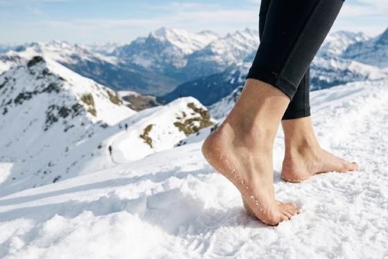 Close-up of bare feet on cold snowy ground