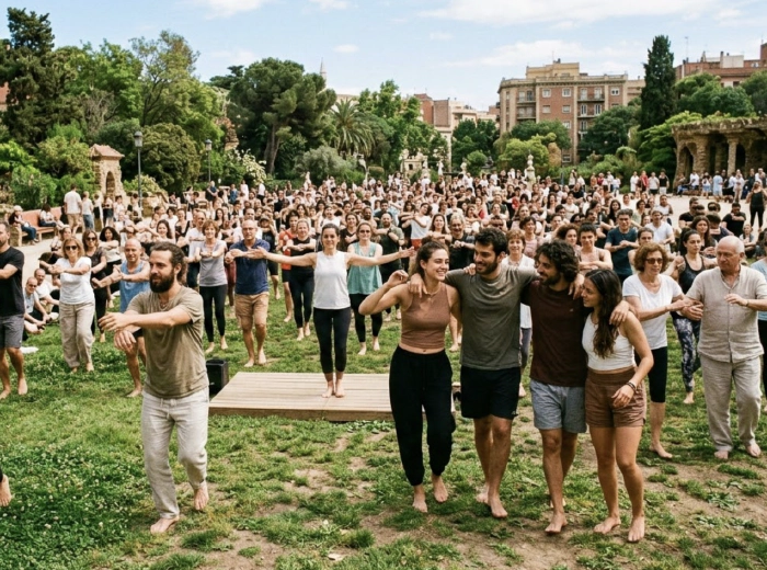 Group of barefoot friends on the grass