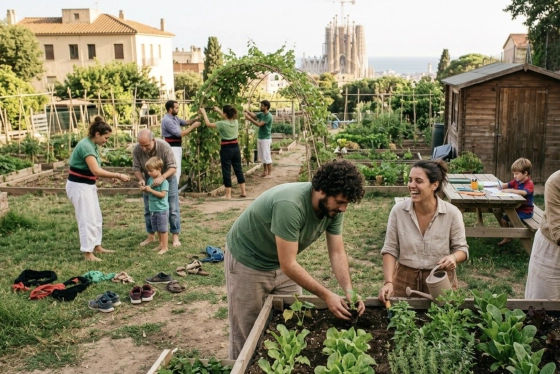 Barefoot friends hanging out in a garden