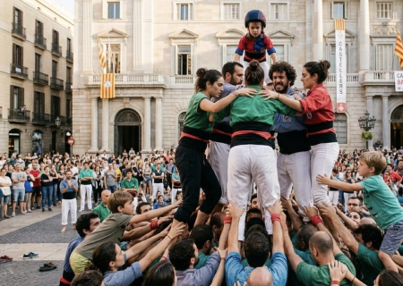 Barefoot friends building a human tower