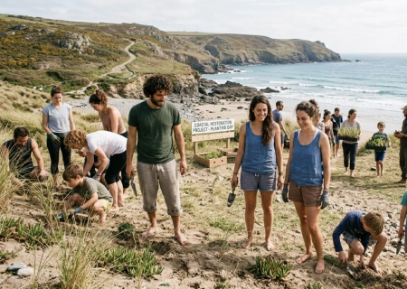 Barefoot people planting in the garden