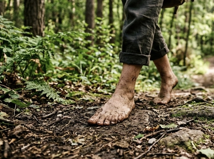 Person walking barefoot on grass