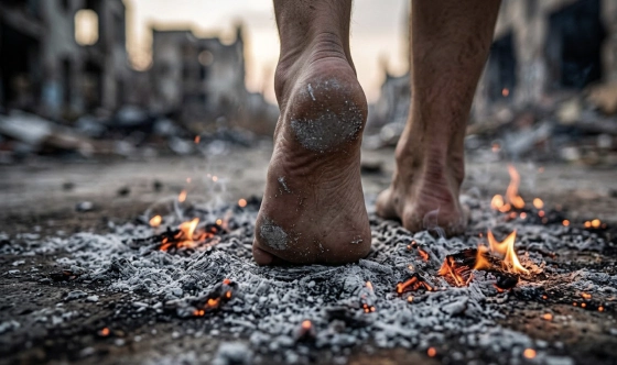 Nackte Füße laufen über heiße Asche und Glut