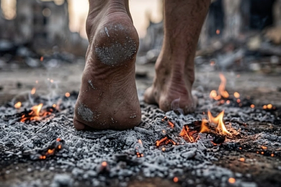 Bare feet walking on hot ashes and embers