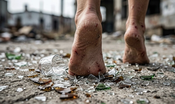 Barfuß laufen in der Nähe von Glasscherben auf dem Boden