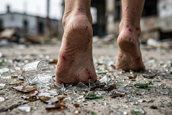 Walking barefoot near broken glass on the ground