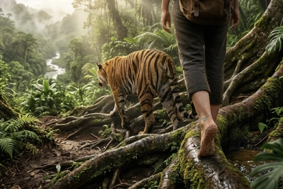 Woman walking barefoot through a jungle