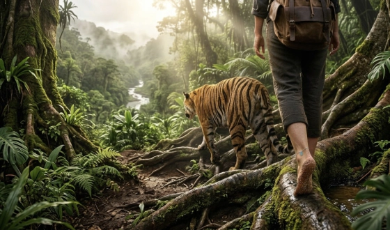 Frau läuft barfuß durch einen Dschungel